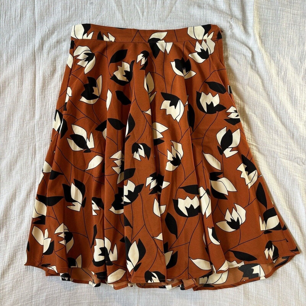 Modcloth Rust Brown Floral A-Line Skirt with Black & Cream Tulips